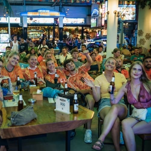 Football fans with drinks watching the World Cup at HIP Restaurant, Chaweng, Koh Samui, 300 THB minimum spend per person